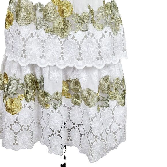 Diane Von Furstenberg Dress 2 White Eyelet Gold Metallic Embroidered Tiered Mini - Picture 5 of 8